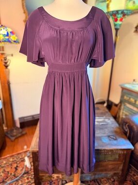 Barneys New York Silk Flutter-Sleeve Midi Dres in eggplant color